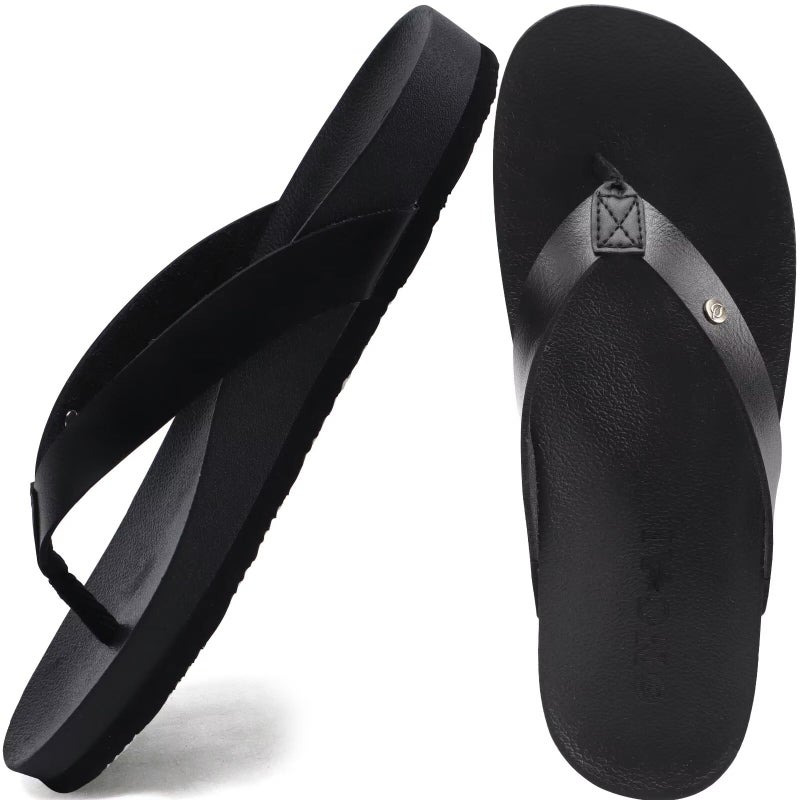 ONCAI Womens Flip Flops For Women Comfortable Leather Strap Yoga Mat Non-Slip Women's Thong Sandal Casual Summer Beach Slippers With Arch Support Black Size 7 - Image 1
